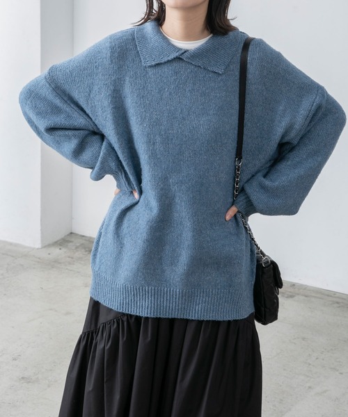 BONLECILL(ボンルシール)の「オーバー畦編みデザイン襟ニットプルオーバー(ニット/セーター・レディース・グリーン/アイボリー/ブルー/ピンク/グレー・FREE)」の8枚目の写真