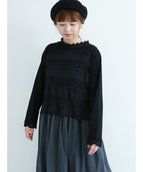 Samansa Mos2（サマンサ モスモス）の「スタンドネックレースカットソー（Tシャツ/カットソー・レディース・ブラック/ベージュ/オフホワイト・ﾌﾘ-）」の6枚目の写真