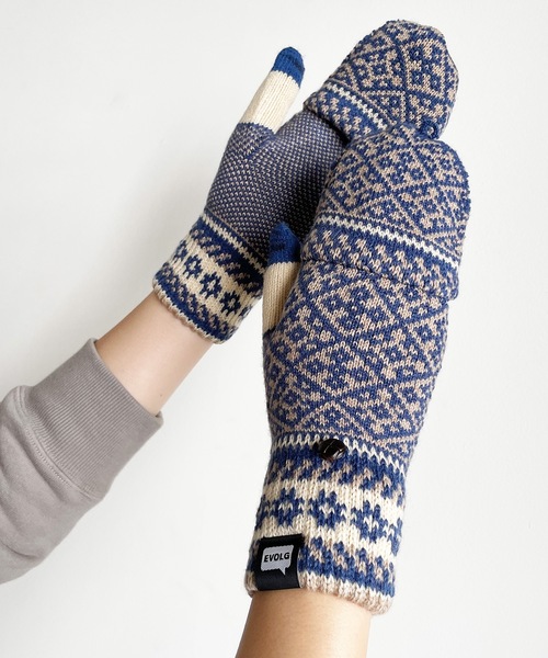 EVOLG（エヴォログ）の「EVOLG エヴォログ：MIT  スマホ対応 メンズ　レディース　ユニセックス ミトン２WAY手袋（手袋・レディース・ホワイト×ブルー/オリーブ/チャコールグレー/ベージュ×ブラック/マスタード/レッド/ネイビー/ワインレッド/ライトグレー・FREE）」の15枚目の写真