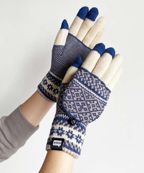 EVOLG（エヴォログ）の「EVOLG エヴォログ：MIT  スマホ対応 メンズ　レディース　ユニセックス ミトン２WAY手袋（手袋・レディース・ホワイト×ブルー/オリーブ/チャコールグレー/ベージュ×ブラック/マスタード/レッド/ネイビー/ワインレッド/ライトグレー・FREE）」の14枚目の写真