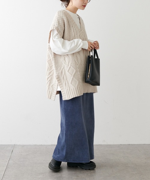 PUAL CE CIN（ピュアルセシン）の「ストレッチコールテンスカート（スカート・レディース・ブラック/ベージュ/ブルーグレー・FREE）」の7枚目の写真