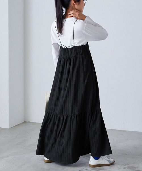 BEBEY's 多混率シワストライプ ライトギャザー ワンピース 黒1 forksy.（フォルクシー）の「【forksy.】ストライプジャガード