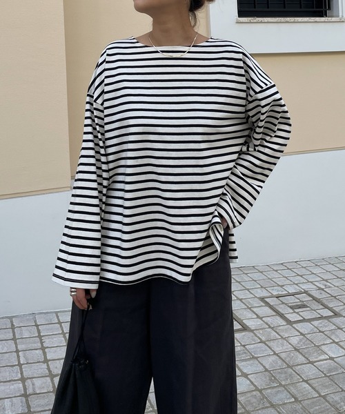 audrey and john wad（オードリーアンドジョンワッド）の「【Audrey and John Wad】USAコットンボーダーオーバーカットソー -手洗い可-（Tシャツ/カットソー・レディース・ネイビー/ブラック×ホワイト・FREE）」の2枚目の写真