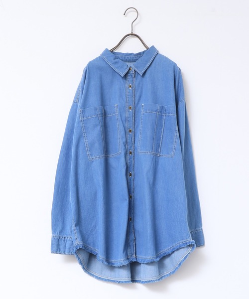 lil nina（リルニーナ）の「綿100% デニム 裾カットオフデザインシャツ（シャツ/ブラウス・レディース・ネイビー/ブルー/グレー・FREE）」の16枚目の写真