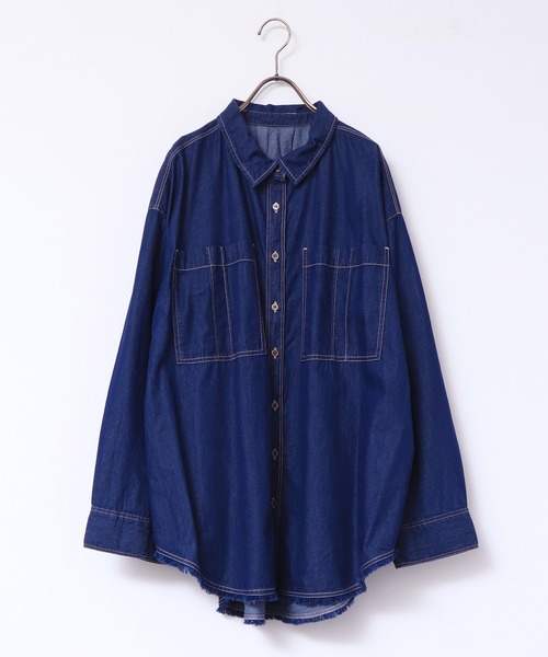 lil nina（リルニーナ）の「綿100% デニム 裾カットオフデザインシャツ（シャツ/ブラウス・レディース・ネイビー/ブルー/グレー・FREE）」の22枚目の写真