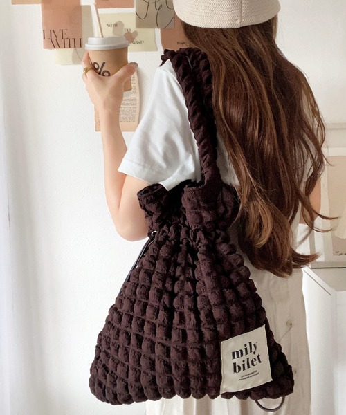 mily bilet(ミウィビレット)の「【mily bilet】愛らしさNo.1!ポップコーン2way巾着トートバッグ(トートバッグ・レディース・ブラウン/アイボリー/ブラック/レオパード・ONE SIZE)」の5枚目の写真