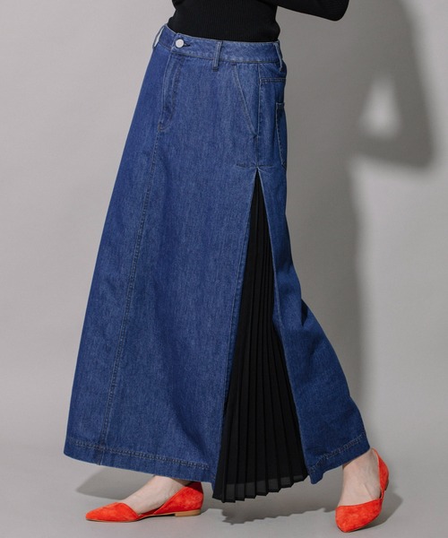 Munich（ミューニック）の「9ozスラブデニム×シフォンサイドプリーツマキシスカート（デニムスカート・レディース・ネイビー/ブルー/ブラック・XS/S/M）」の11枚目の写真