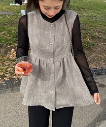 JUNOAH | パールボタンツイードペプラムトップス(サマーツイード生地)(ベスト)