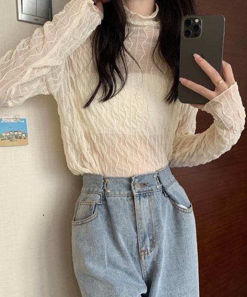 SHEPP(シープ)の「ストライプシースルー メロウ ハイネックカットソー シアー(Tシャツ/カットソー・レディース・ホワイト/アイボリー・FREE)」の2枚目の写真