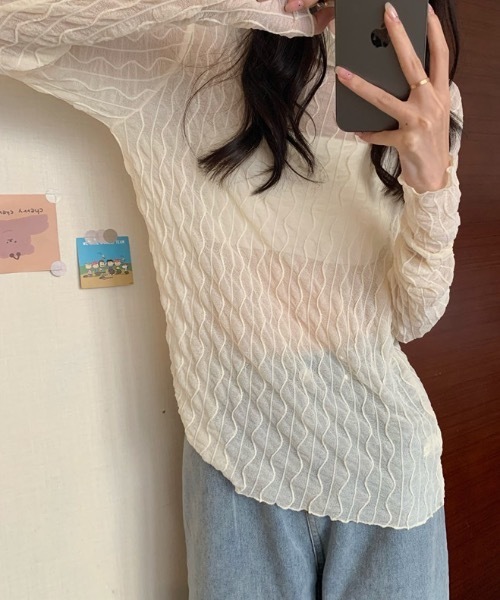 SHEPP(シープ)の「ストライプシースルー メロウ ハイネックカットソー シアー(Tシャツ/カットソー・レディース・ホワイト/アイボリー・FREE)」の11枚目の写真