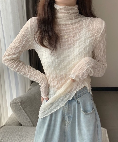 SHEPP(シープ)の「ストライプシースルー メロウ ハイネックカットソー シアー(Tシャツ/カットソー・レディース・ホワイト/アイボリー・FREE)」の12枚目の写真