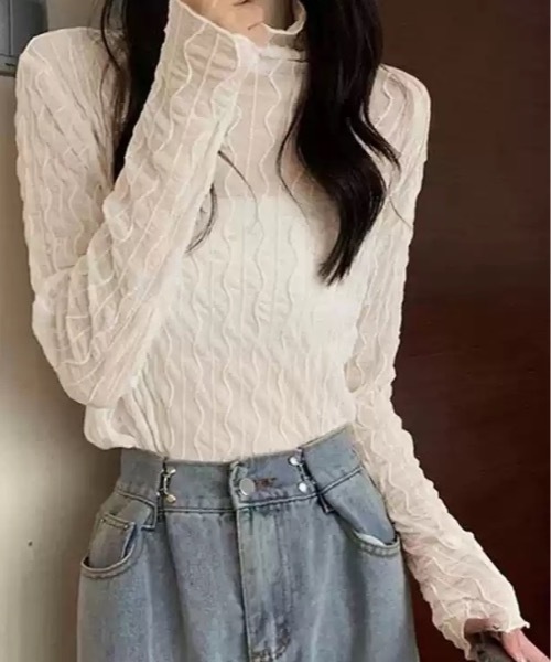 SHEPP(シープ)の「ストライプシースルー メロウ ハイネックカットソー シアー(Tシャツ/カットソー・レディース・ホワイト/アイボリー・FREE)」の14枚目の写真