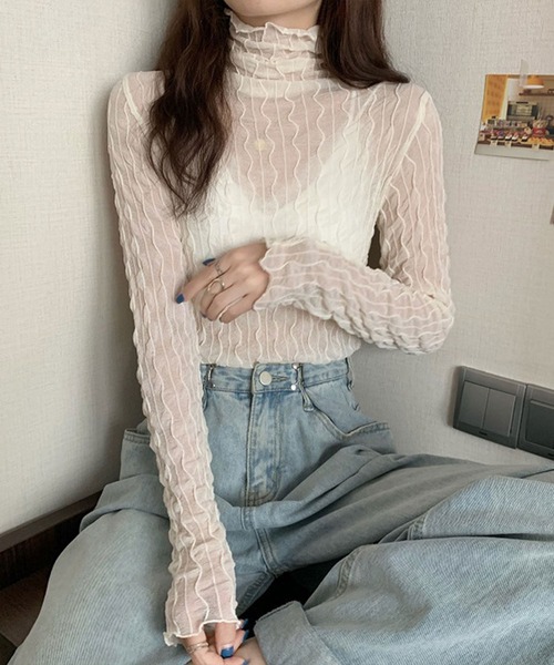 SHEPP(シープ)の「ストライプシースルー メロウ ハイネックカットソー シアー(Tシャツ/カットソー・レディース・ホワイト/アイボリー・FREE)」の13枚目の写真