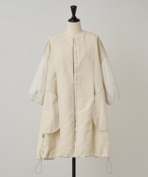 BEARDSLEY（ビアズリー）の「リネンポリバルーン袖コート（ノーカラーコート・レディース・ネイビー/アイボリー・FREE）」の9枚目の写真
