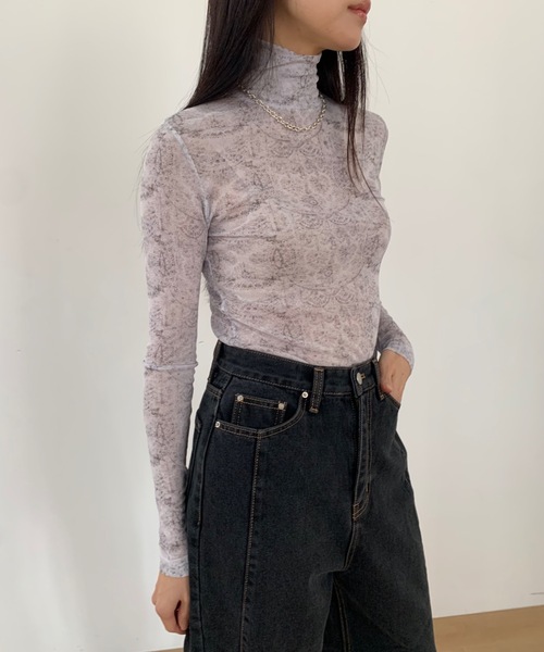 Didot.showroom(ディドット ショールーム)の「レースプリントイシアーハイネックT(Tシャツ/カットソー・レディース・ブラウン/ミント/グレー・FREE)」の1枚目の写真