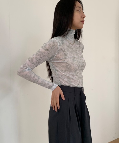 Didot.showroom(ディドット ショールーム)の「レースプリントイシアーハイネックT(Tシャツ/カットソー・レディース・ブラウン/ミント/グレー・FREE)」の3枚目の写真