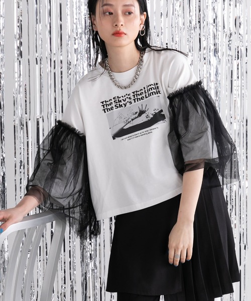 bohmal(ボマール)の「デザインプリントチュールスリーブTシャツ(Tシャツ/カットソー・レディース・ホワイト/ブラック・FREE)」の7枚目の写真