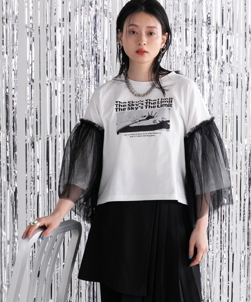 bohmal(ボマール)の「デザインプリントチュールスリーブTシャツ(Tシャツ/カットソー・レディース・ホワイト/ブラック・FREE)」の5枚目の写真
