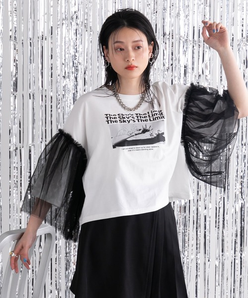 bohmal(ボマール)の「デザインプリントチュールスリーブTシャツ(Tシャツ/カットソー・レディース・ホワイト/ブラック・FREE)」の3枚目の写真