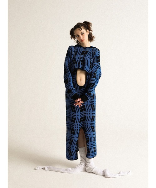 PAMEO POSE（パメオポーズ）の「Skewed Checks Cropped Knit Hoodie（ニット/セーター・レディース・グリーン/ブルー・FREE）」の5枚目の写真