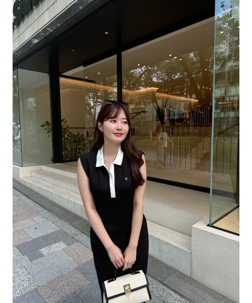 ワンピース Herlipto French Sleeve Polo Long Dress black stripe】French Sleeve Polo Long Dress