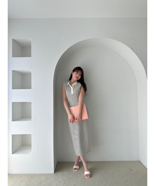 herlipto♡French Sleeve Polo Long Dress 8月上旬発送】【black stripe】French Sleeve Polo Long Dress