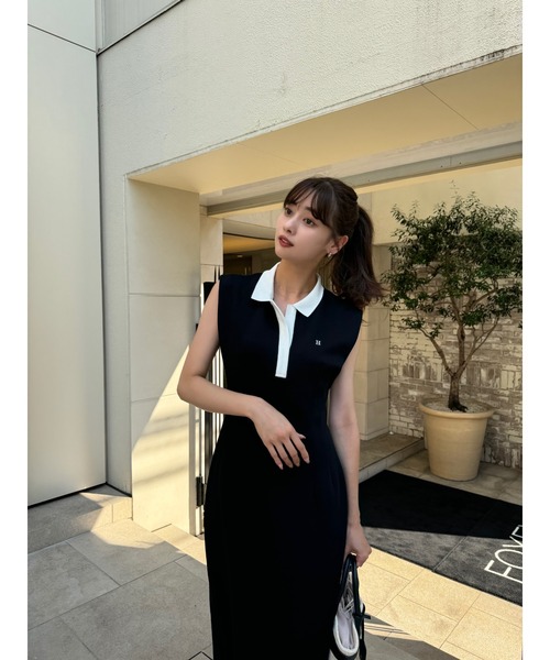 ワンピース herlipto French Sleeve Polo Long Dress S 8月上旬発送】French Sleeve Polo Long Dress