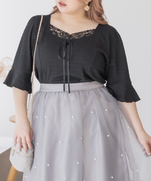 CLETTE(クレット)の「レース使いリボン付きプルオーバー(Tシャツ/カットソー・レディース・ブラック/アイボリー/ブルー・LL/3L/4L)」の2枚目の写真