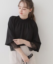 ◆【オトナ可愛い・体型カバーが叶う】シャーリングネック レース袖チュニック