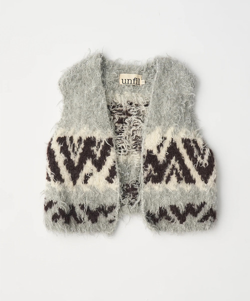 UNFIL（アンフィル）の「unfil アンフィル / uruguayan wool COWICHAN hand-knit vest ウールカウチンハンドニットベスト / WFFL-UW139（ベスト・レディース・ライトグレー/ブラウン・1）」の2枚目の写真
