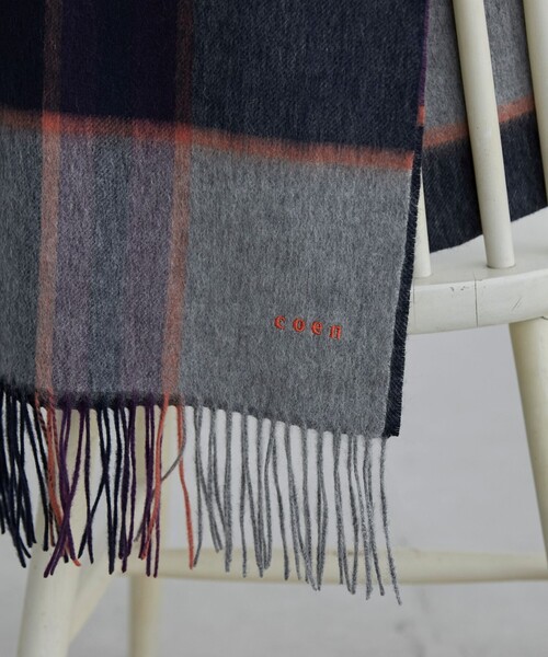 coen（コーエン）の「ワンポイント刺繍ウールチェックマフラー（マフラー・メンズ・グレー/ライトブルー/オレンジ・FREE）」の13枚目の写真