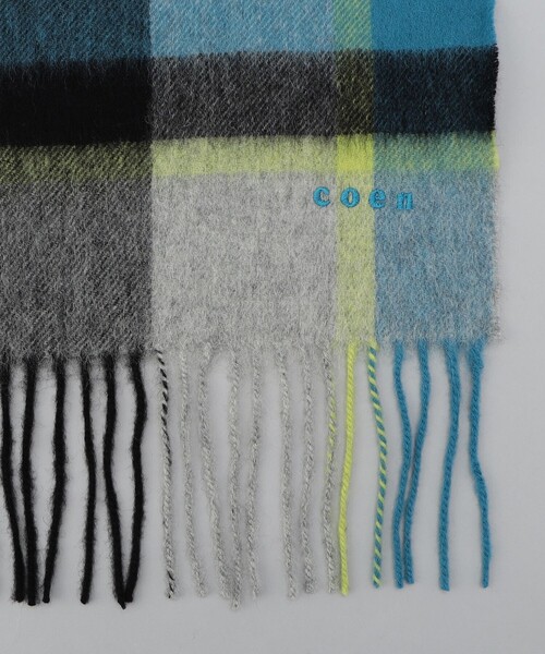 coen（コーエン）の「ワンポイント刺繍ウールチェックマフラー（マフラー・メンズ・グレー/ライトブルー/オレンジ・FREE）」の7枚目の写真