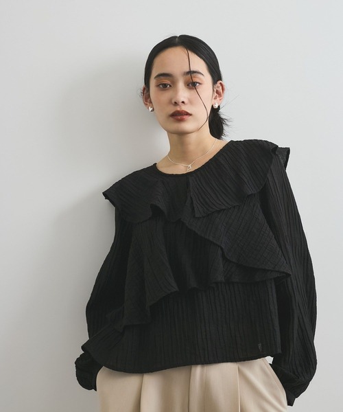 VIS（ビス）の「【洗える】ラッフルカラーブラウス（シャツ/ブラウス・レディース・ライトグリーン/オフホワイト/ブラック・FREE）」の3枚目の写真