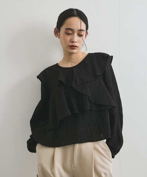 VIS（ビス）の「【洗える】ラッフルカラーブラウス（シャツ/ブラウス・レディース・ライトグリーン/オフホワイト/ブラック・FREE）」の8枚目の写真