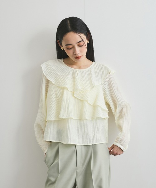 VIS（ビス）の「【洗える】ラッフルカラーブラウス（シャツ/ブラウス・レディース・ライトグリーン/オフホワイト/ブラック・FREE）」の12枚目の写真