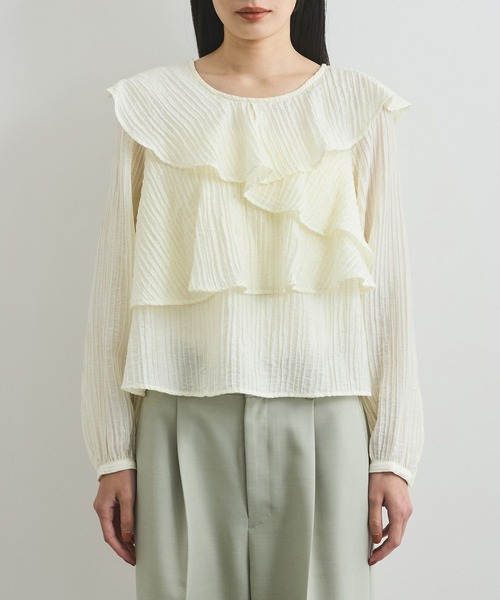 VIS（ビス）の「【洗える】ラッフルカラーブラウス（シャツ/ブラウス・レディース・ライトグリーン/オフホワイト/ブラック・FREE）」の16枚目の写真