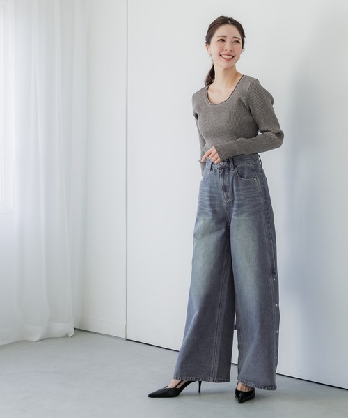 coca（coca）（コカ）の「【WEB限定セール】サイドボタンワイドデニム（デニムパンツ・レディース・ブルー・M/L/S）」の5枚目の写真