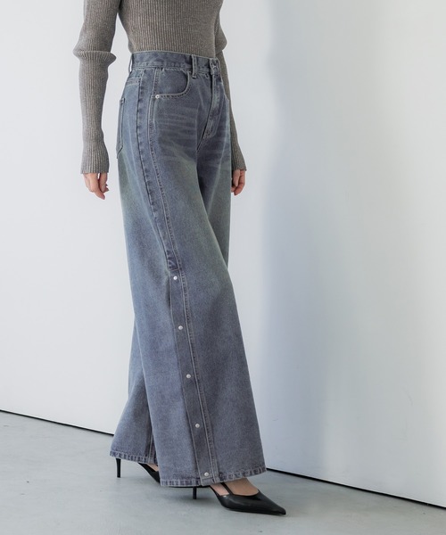 coca（coca）（コカ）の「【WEB限定セール】サイドボタンワイドデニム（デニムパンツ・レディース・ブルー・M/L/S）」の4枚目の写真