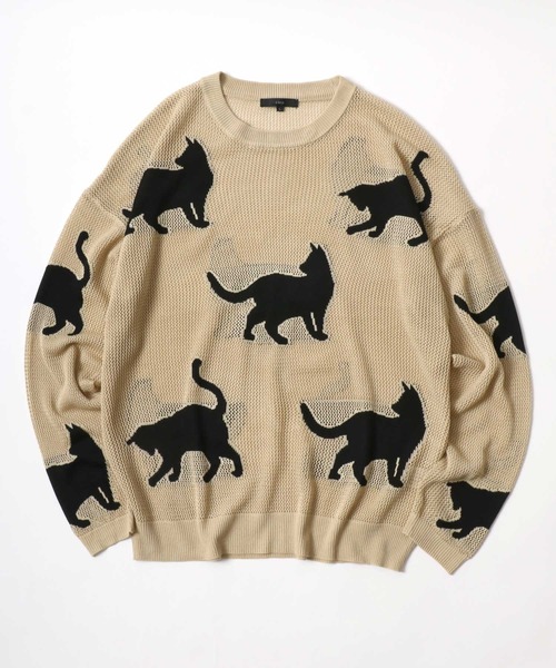 セール】Allover Pattern Big Cat Openwork Knitting Summer Knit/総柄