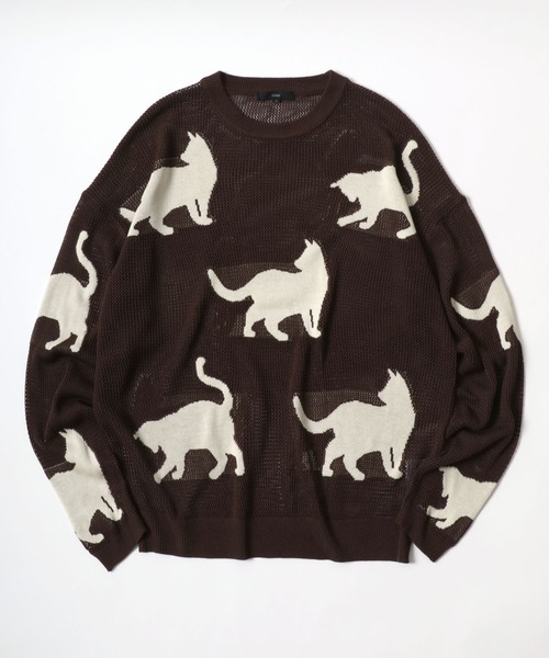 ANPAS(アンパス)の「Allover Pattern Big Cat Openwork Knitting Summer Knit/総柄 ネコ アニマル ニット 透かし編み サマーニット メンズ レディース(ニット/セーター・メンズ・ブラック/ベージュ/ブラウン・M/L)」の2枚目の写真