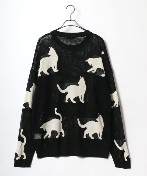 ANPAS(アンパス)の「Allover Pattern Big Cat Openwork Knitting Summer Knit/総柄 ネコ アニマル ニット 透かし編み サマーニット メンズ レディース(ニット/セーター・メンズ・ブラック/ベージュ/ブラウン・M/L)」の5枚目の写真