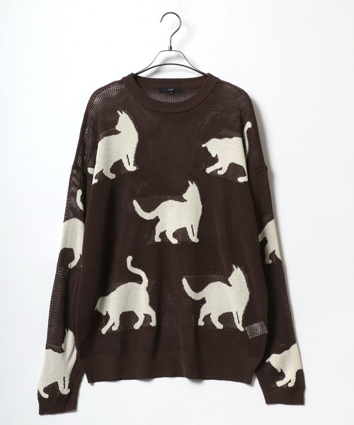 ANPAS(アンパス)の「Allover Pattern Big Cat Openwork Knitting Summer Knit/総柄 ネコ アニマル ニット 透かし編み サマーニット メンズ レディース(ニット/セーター・メンズ・ブラック/ベージュ/ブラウン・M/L)」の7枚目の写真