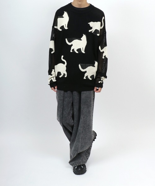 ANPAS(アンパス)の「Allover Pattern Big Cat Openwork Knitting Summer Knit/総柄 ネコ アニマル ニット 透かし編み サマーニット メンズ レディース(ニット/セーター・メンズ・ブラック/ベージュ/ブラウン・M/L)」の14枚目の写真