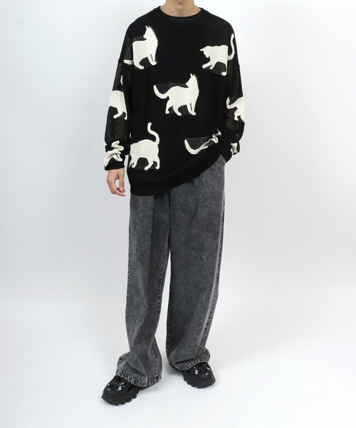 ANPAS(アンパス)の「Allover Pattern Big Cat Openwork Knitting Summer Knit/総柄 ネコ アニマル ニット 透かし編み サマーニット メンズ レディース(ニット/セーター・メンズ・ブラック/ベージュ/ブラウン・M/L)」の13枚目の写真