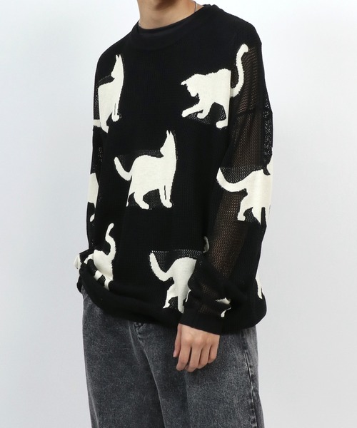 ANPAS(アンパス)の「Allover Pattern Big Cat Openwork Knitting Summer Knit/総柄 ネコ アニマル ニット 透かし編み サマーニット メンズ レディース(ニット/セーター・メンズ・ブラック/ベージュ/ブラウン・M/L)」の11枚目の写真