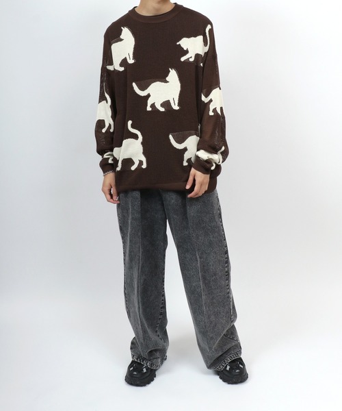 ANPAS(アンパス)の「Allover Pattern Big Cat Openwork Knitting Summer Knit/総柄 ネコ アニマル ニット 透かし編み サマーニット メンズ レディース(ニット/セーター・メンズ・ブラック/ベージュ/ブラウン・M/L)」の16枚目の写真