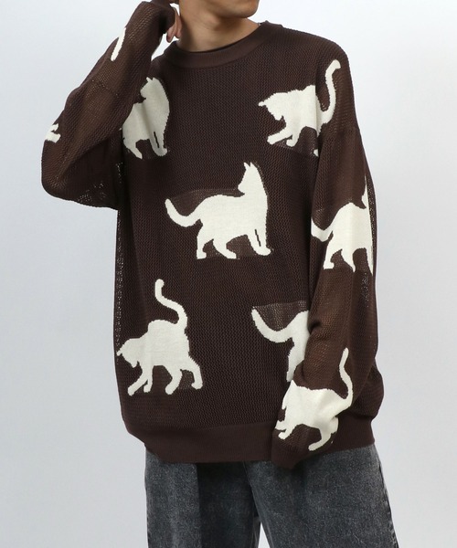 ANPAS(アンパス)の「Allover Pattern Big Cat Openwork Knitting Summer Knit/総柄 ネコ アニマル ニット 透かし編み サマーニット メンズ レディース(ニット/セーター・メンズ・ブラック/ベージュ/ブラウン・M/L)」の12枚目の写真