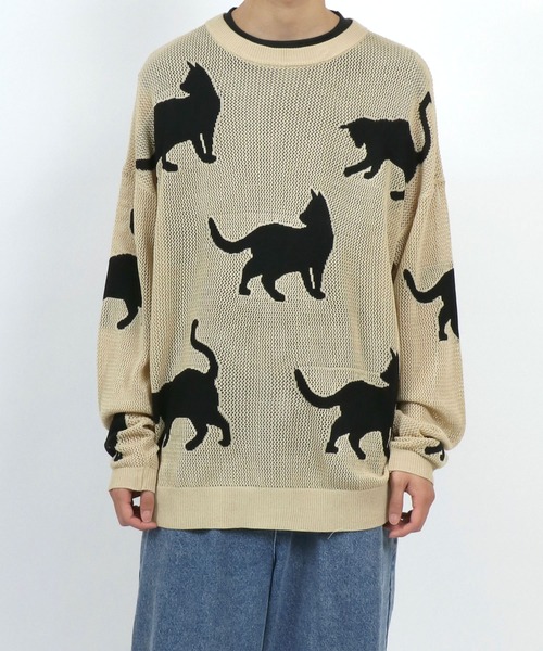 ANPAS(アンパス)の「Allover Pattern Big Cat Openwork Knitting Summer Knit/総柄 ネコ アニマル ニット 透かし編み サマーニット メンズ レディース(ニット/セーター・メンズ・ブラック/ベージュ/ブラウン・M/L)」の21枚目の写真