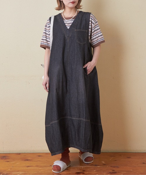 CUBE SUGAR(キューブシュガー)の「6.5オンスデニムバルーンワンピース(ワンピース・レディース・マルチ/ブラック/インディゴブルー/グリーン・M)」の2枚目の写真