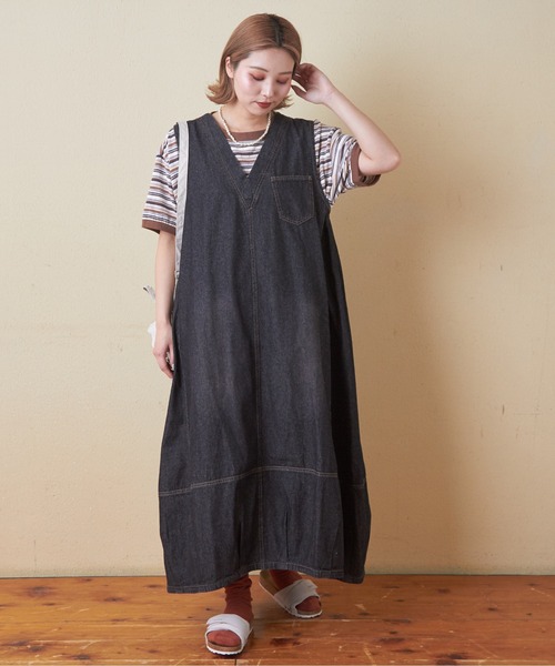 CUBE SUGAR(キューブシュガー)の「6.5オンスデニムバルーンワンピース(ワンピース・レディース・マルチ/ブラック/インディゴブルー/グリーン・M)」の7枚目の写真